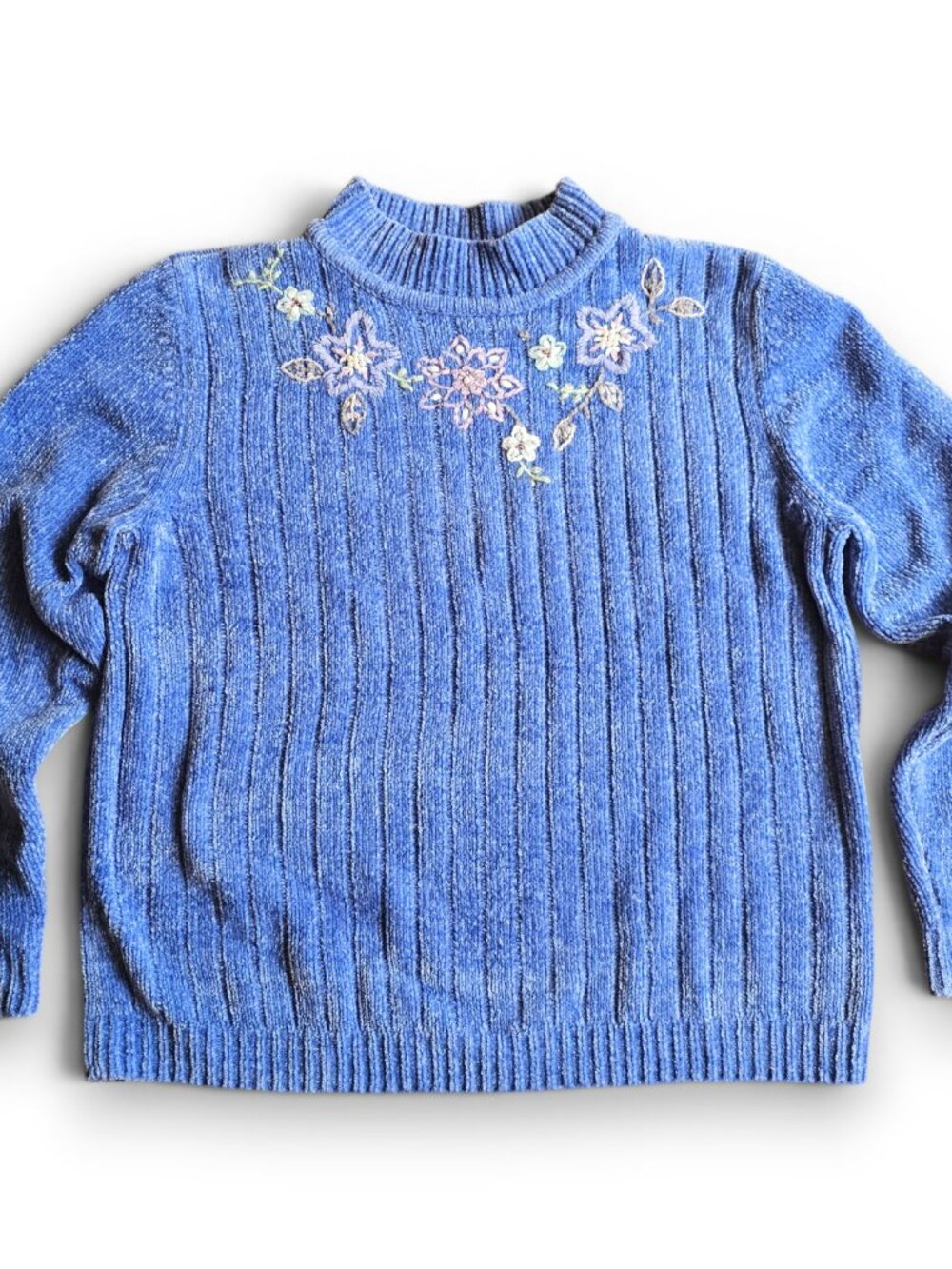 Alfred Dunner Womens Chenille Sweater Blue Embroidered Floral Granny Size PM